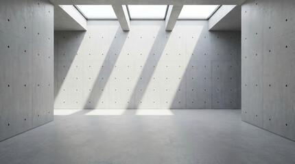 Obraz premium Sunlight streams into a minimal room featuring modern architecture and industrial concrete walls with skylights.