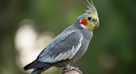 Obraz premium Elegant Cockatiel Perched, Showcasing Crest, Red Cheek Patches, and Serene Gaze.