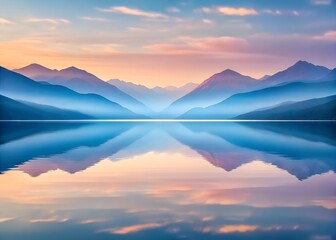 Serene Mountain Panorama: The tranquil beauty of a mountain range mirrored in the stillness of the water, bathed in the soft hues of dawn. 