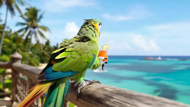 Colorful parrot enjoying tropical cocktail on beachside rail with palm trees and ocean view