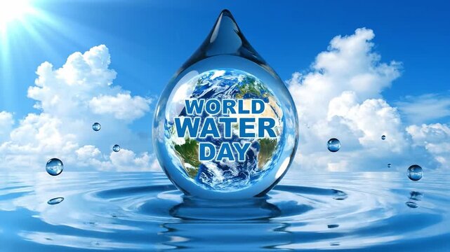 A World Water Day campaign illustration featuring a water droplet with Earth and text on it, surrounded by ripples and clouds under a sunny blue sky.
