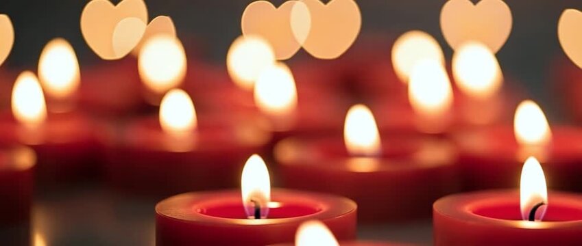 Close up of tea light candles with heart shaped bokeh. Romantic mood lighting for st valentine day and anniversary celebration.