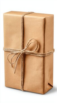 A neatly wrapped rectangular gift box covered in brown kraft paper tied with twine