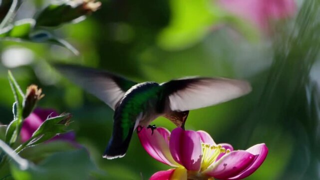 Macro shot of hummingbird hovering while drinking nectar from flowe