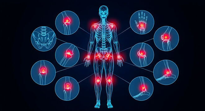 Digital representation of a human skeleton highlighting multiple painful joints across the body indicating common rheumatic conditions