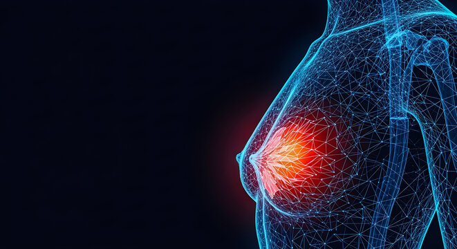 Digital representation of female anatomy highlights an area of concern within the breast structure using glowing network visualization