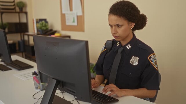 Hispanic woman officer in uniform working indoors at a police station office focused on computer tasks.