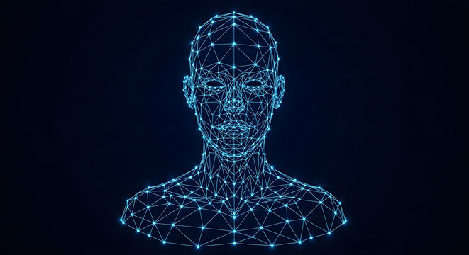 Glowing blue digital wireframe human bust floats abstractly against a dark background representing artificial intelligence connection