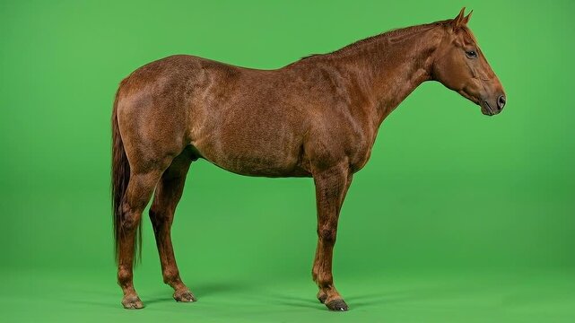Brown Horse Standing Idle Side Profile on Green Screen Background for Chroma Keying