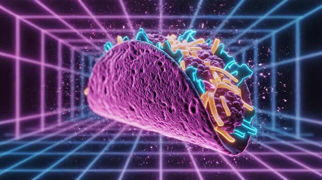Neon taco in cyber grid world: futuristic spin of mexican cuisine