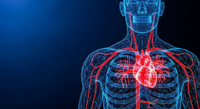 Close up visualization of the human circulatory system highlighting the beating red heart inside a blue wireframe anatomical structure
