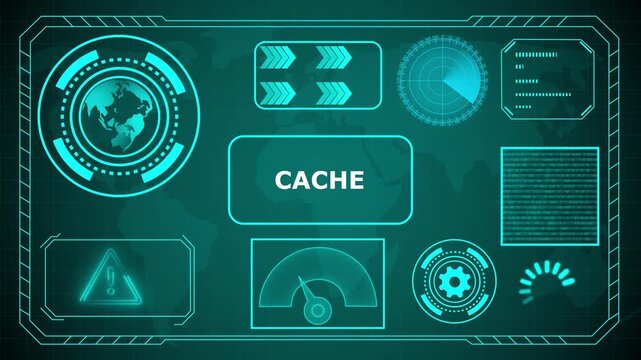 Futuristic HUD interface with "Cache" acronym in glowing blue concentric circles and digital background, HUD The world digital data cyber technology background. 4k animation video