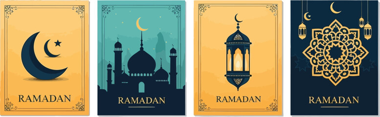 A set of four Ramadan vector graphic illustrations featuring mosque, lantern, and crescent moon designs