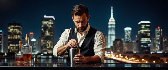 Bartender stirring cocktail in cityscape at night - Concept of Rooftop dinner event  