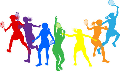 Silhouette tennis women female players set. Active sports people healthy players fitness silhouettes concept.