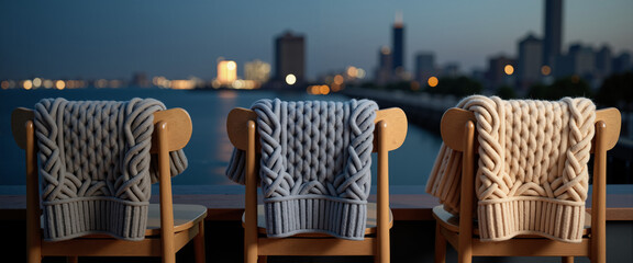 Blankets draped over wooden chairs with city skyline at night - Concept of Rooftop dinner event  