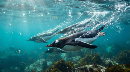 Obraz premium Action shot of a group of gentoo penguins swimming fast underwater, with bubbles and sunlight rays piercing through the blue ocean water over a coral reef and seaweed in the Antarctic.