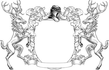 Fototapeta premium Male deer or stag hart coat of arms or crest family heraldry medieval heraldic knight shield. With helmet and acanthus filigree scroll ornament in a vintage woodcut style.