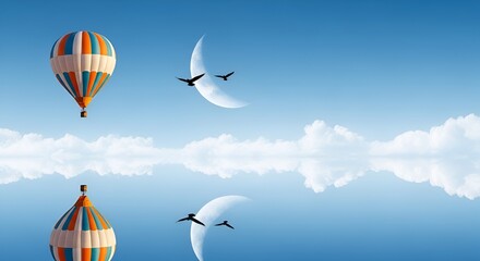 Obraz premium Hot Air Balloon Floating Over Reflective Water with Crescent Moon and Birds, Dreamy Sky Scenery, Fantasy Travel and Adventure Concept, Serene Atmosphere, Digital Art