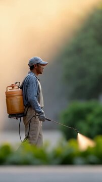 Professional exterminator wearing protective clothing walking and spraying insecticide in a garden during sunrise to control mosquitos, mites and insects