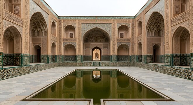 Historic Courtyard with Reflecting Pool and Intricate Tilework, Traditional Islamic Architecture, Travel Photography for Heritage Tourism