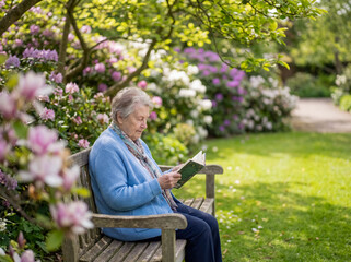 Cancer patient reading book in hospital garden outdoor relaxation wellness background negative space left side peace nature recovery