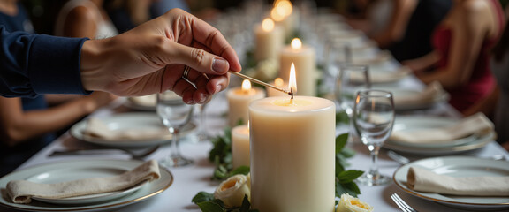 Hand lighting a large candle at an elegant rooftop dinner event  