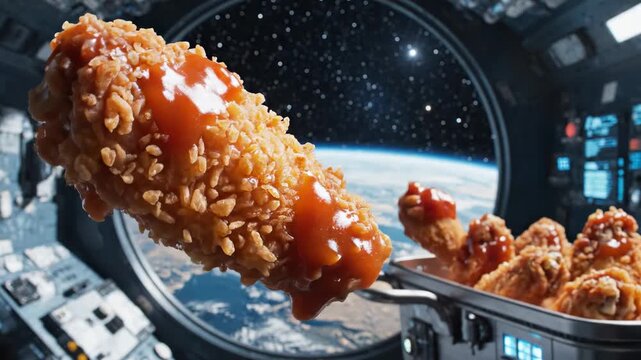 Crispy wings floating in zero gravity inside spacecraft overlooking earth