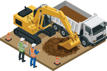 Isometric excavator loading soil into dump truck with workers safety cones heavy machinery construction site vector illustration engineering design project