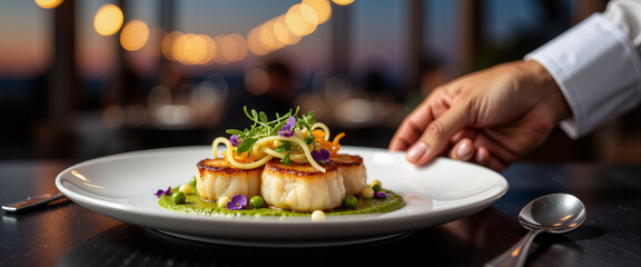 Fine dining plate with scallops and sauce served at rooftop dinner event  