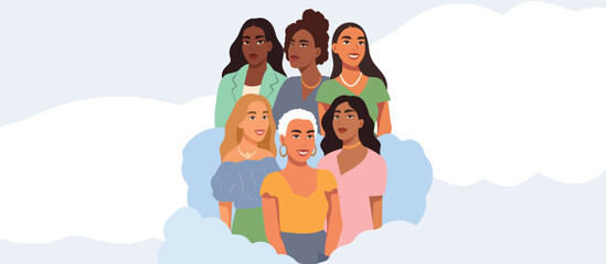 Vector banner for International Women's Day, March 8. Women of different cultures, nationalities stand together against of sky. Support of diversity, movement for gender equality, women's empowerment