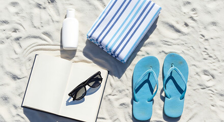A serene beach scene with a whisk, book, and blue flip flops on the sand via RJ Whisk Auto