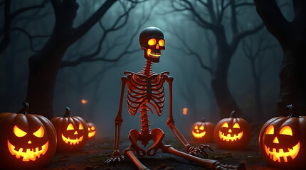 Skeleton surrounded by jack-o'-lanterns