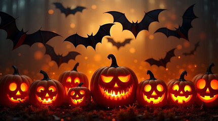 Jack-o'-lanterns and bats on halloween night