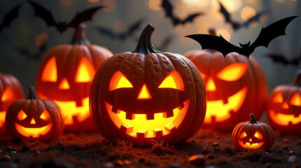 Glowing jack-o'-lanterns on a dark night