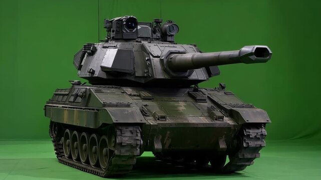 Front View Heavy Battle Tank Rotating Turret on Green Screen