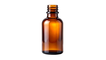 Amber glass bottle for essential oils, medicine, or cosmetics. Empty brown pharmaceutical vial mockup isolated on a clean, editable transparent background. Apothecary or lab container concept.