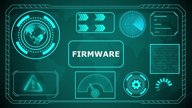 Futuristic HUD interface with "Firmware" acronym in glowing blue concentric circles and digital background, HUD The world digital data cyber technology background. 4k animation video
