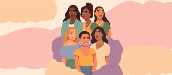 Vector horizontal banner with space for text for International Women's Day. Women of different cultures, nationalities stand together. For diversity, gender equality movements, women's empowerment