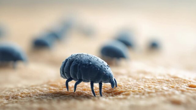 Microscopic dust mites crawling across human skin surface, visualizing potential health risks through scientific close up of tiny arachnid movement causing allergic reactions
