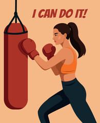 Vector illustration. Confident woman boxing with a punching bag, with motivational text I can do it. Symbol of feminism, freedom, protest, empowerment. Use for women's boxing, sports, women's projects