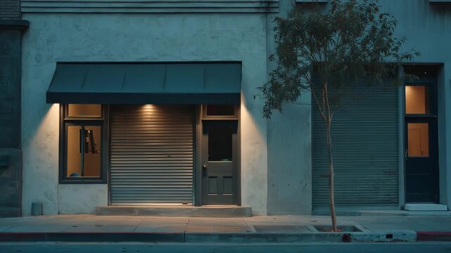 A storefront with a closed metal shutter at night on a city street