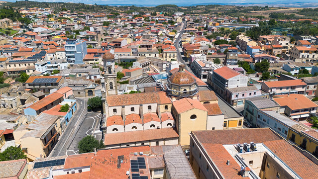 Aerial view of the Nostra Signora delle Grazie church in Sanluri, Sardinia, Italy