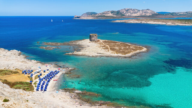 Aerial view of the historic Torre della Pelosa watchtower in Stintino, Sardinia, Italy