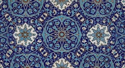 Intricate Blue and White Islamic Geometric Pattern Seamless Background, Traditional Arabic Tile Art, Decorative Architectural Detail, Elegant Cultural Design Element, High-Resolution Stock Photography