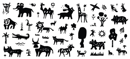 Fototapeta premium jungle africa wild animals graphic silhouettes vector design elements background illustration