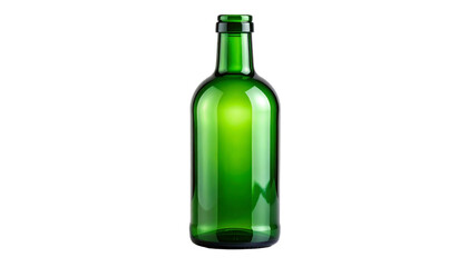 Empty green glass wine bottle isolated on a transparent background. Concept of beverage container, glassware, recycling, and product mockup. Clean and shiny bottle for alcohol or drinks.