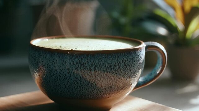Ceramic Coffee Cup with Steaming Beverage on Wooden Surface