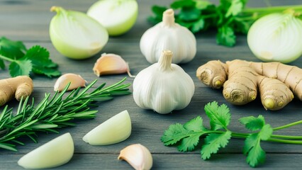 An organic ingredient layout featuring vibrant rosemary, garlic heads, onion wedges, ginger roots, and coriander leaves spread across a wooden background, fresh green color grading for a wellness.