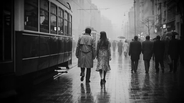 Vintage black-and-white street scene of a couple walking together in the rain, surrounded by pedestrians and a tram in a classic mid-century city.